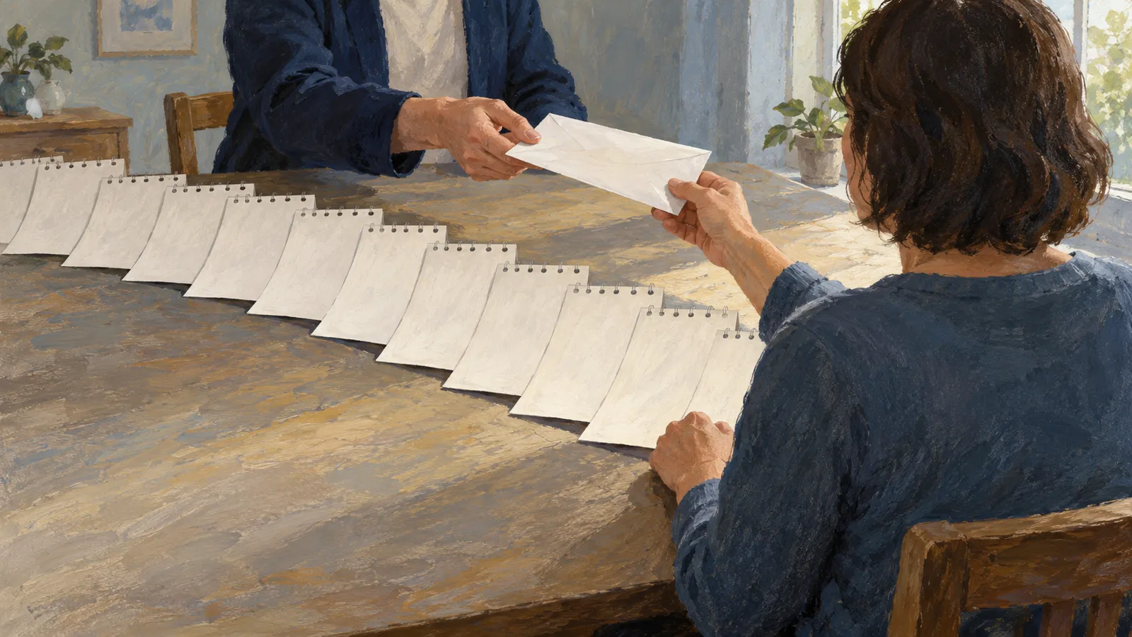 A painted illustration of two people passing a white envelope across a wooden table lined with blank spiral-bound pages. SI illustration