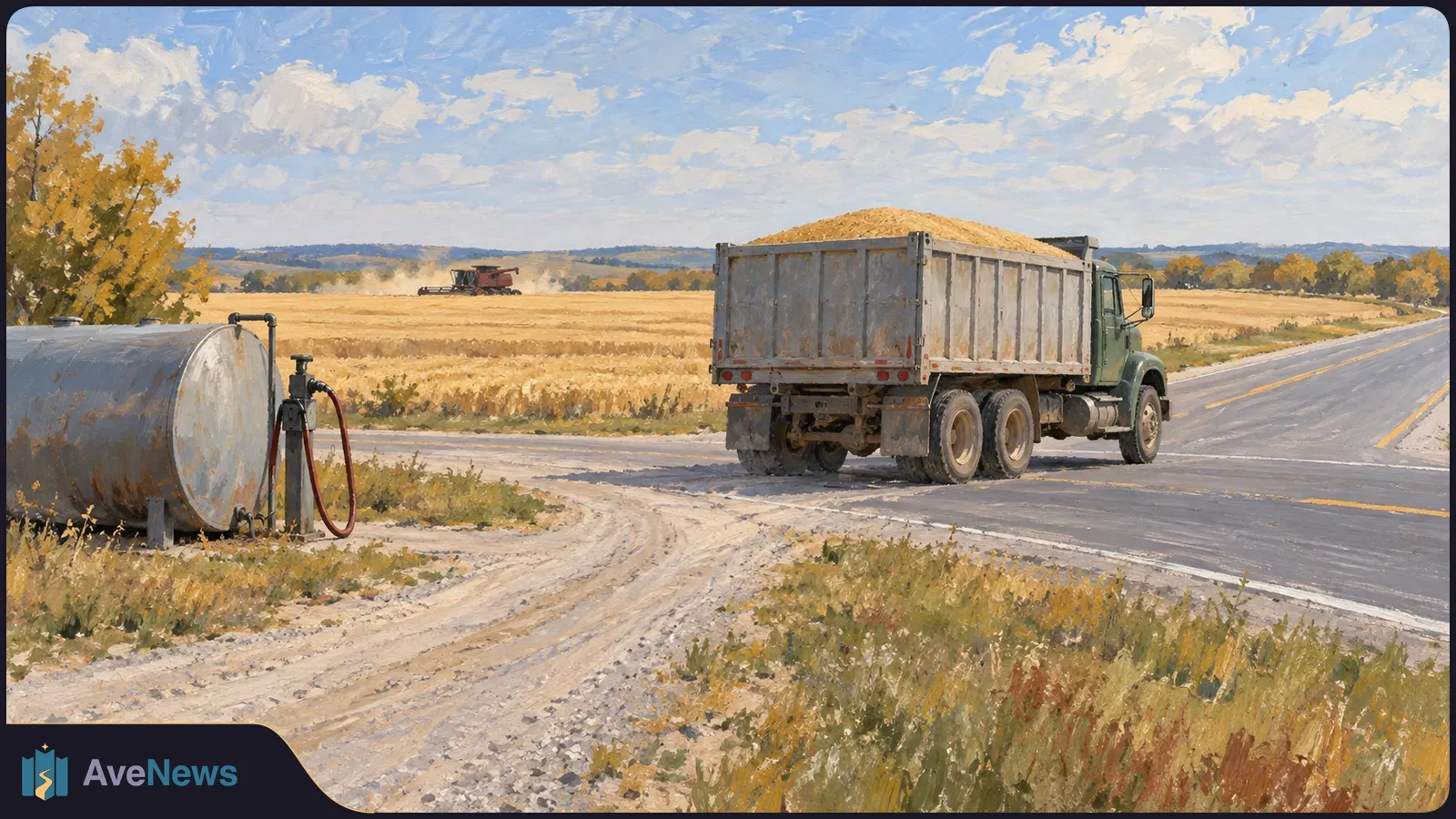 A grain-laden truck drives onto a paved road beside a fuel tank and pump; a combine works in a golden field beyond. SI illustration