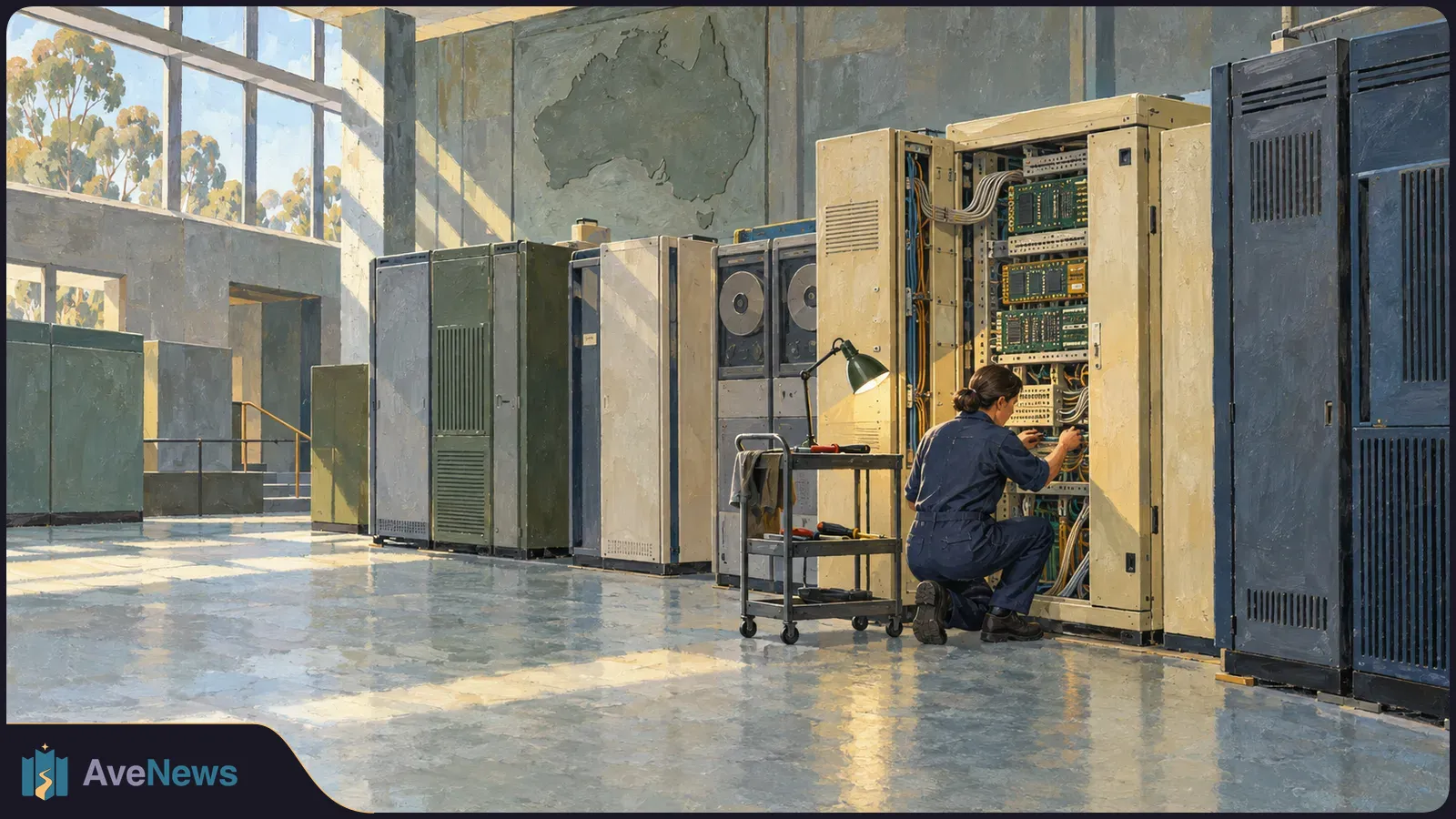 In a sunlit computer room, a technician works inside an open equipment cabinet beside reel-to-reel machines. An outline of Australia appears on the wall. SI illustration