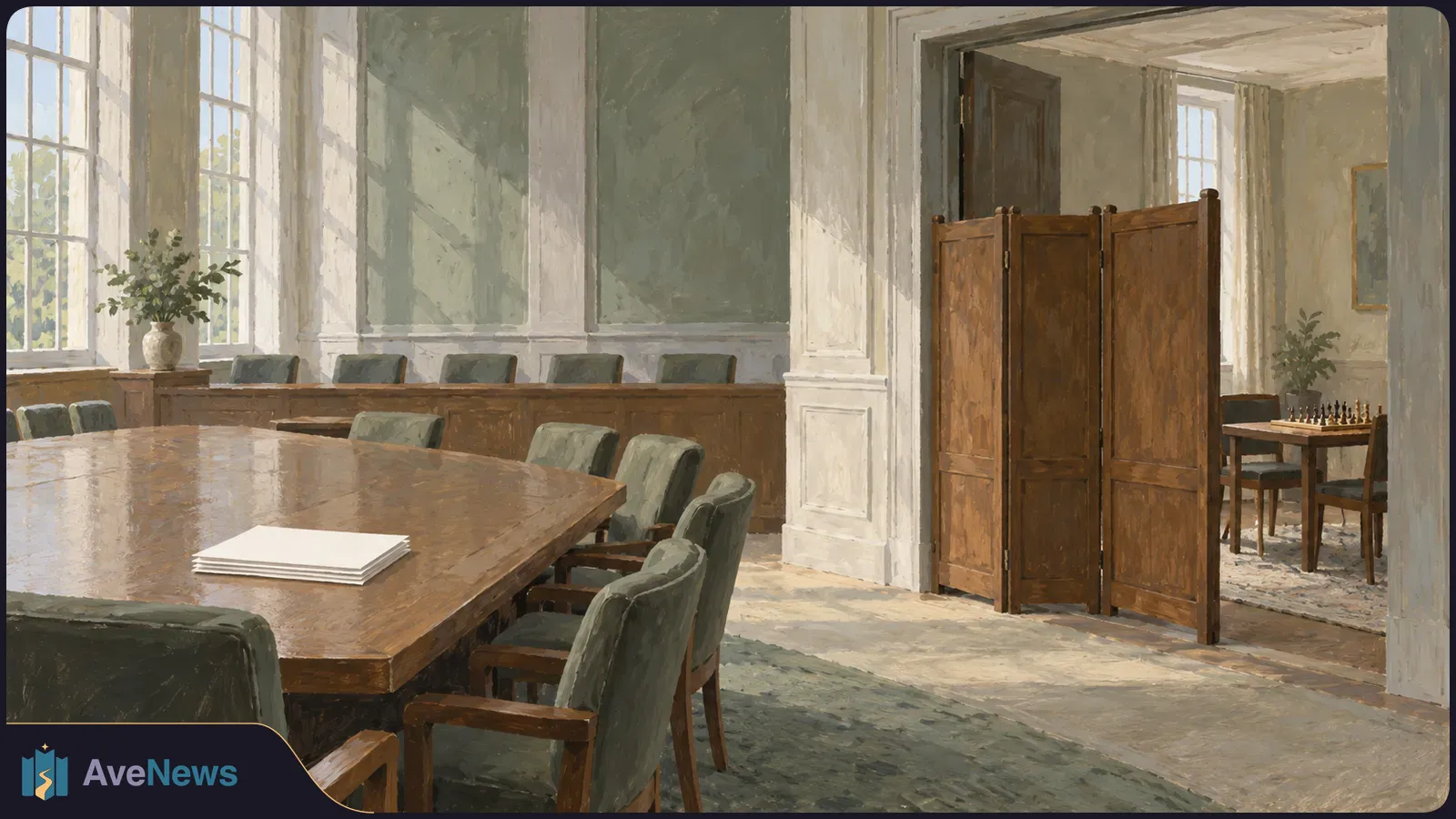 Painted, sunlit meeting room with a long wooden table, green chairs and a blank stack of papers; a chessboard sits on a smaller table beyond the doorway. SI illustration