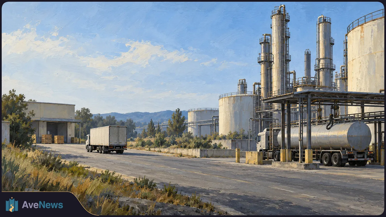 Painted industrial fuel facility with tall tanks and towers, a tanker truck beneath a loading structure, and a box truck on the road. SI illustration