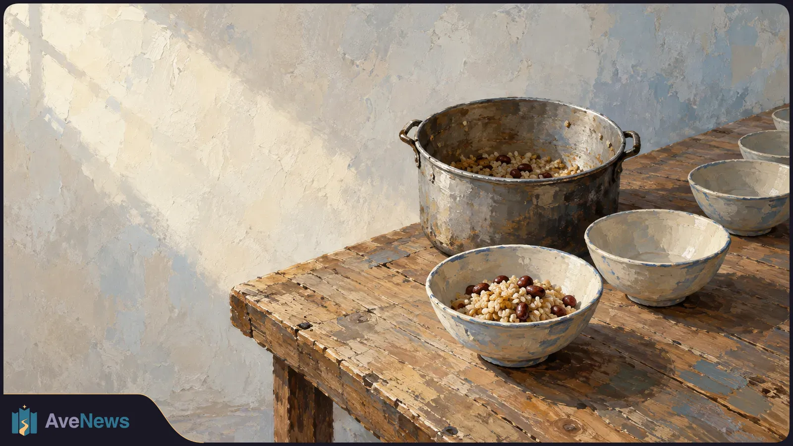 Painterly illustration of a worn wooden table with a pot of grains and beans, one filled bowl and several empty bowls against a pale wall. SI illustration