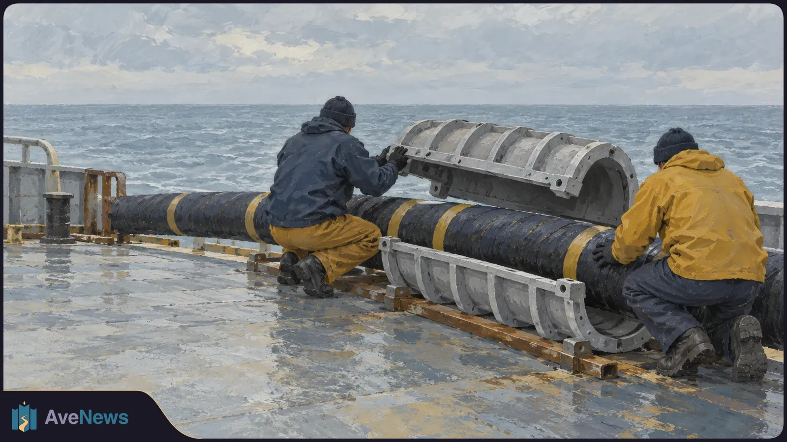 Painted scene of two workers kneeling beside a thick black cable and gray metal casing on a ship’s deck, with the sea behind them. SI illustration