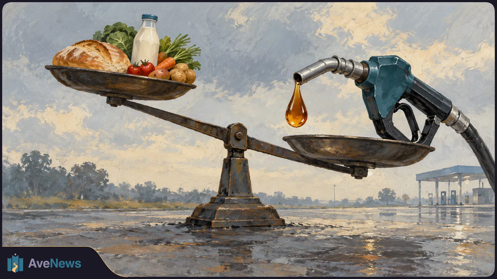 Painterly illustration of a balance scale with bread, milk and vegetables on one pan and a fuel nozzle dripping oil over the other; a petrol station stands in the distance. SI illustration