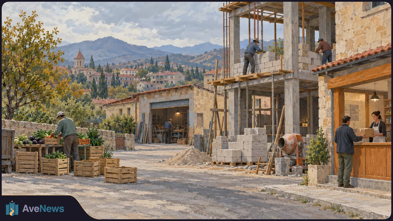 Painterly street scene with workers building a stone structure, crates of vegetables at a roadside stall, and two people exchanging a box at a shop counter; mountains and houses behind. SI illustration
