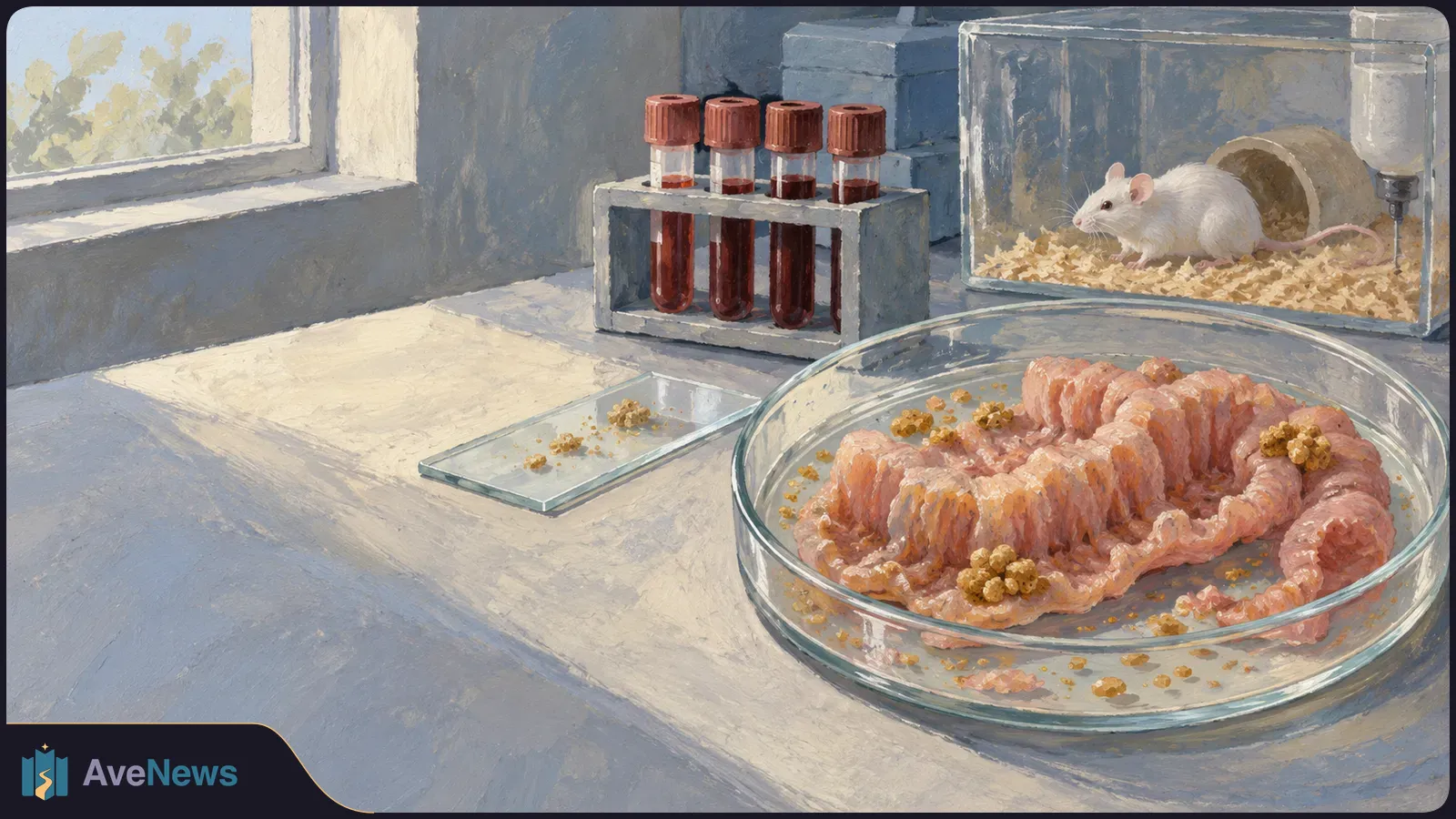 A painted lab scene shows a white mouse in a clear enclosure beside four blood-filled tubes and a glass dish holding pink, folded tissue-like material. SI illustration