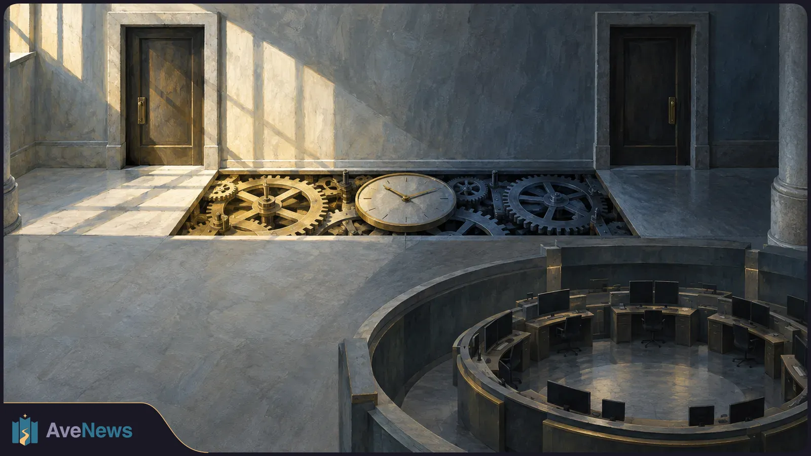 A large clock and exposed gears sit in a floor opening between two closed doors. Below is an empty circular trading room with desks and dark monitors. SI illustration
