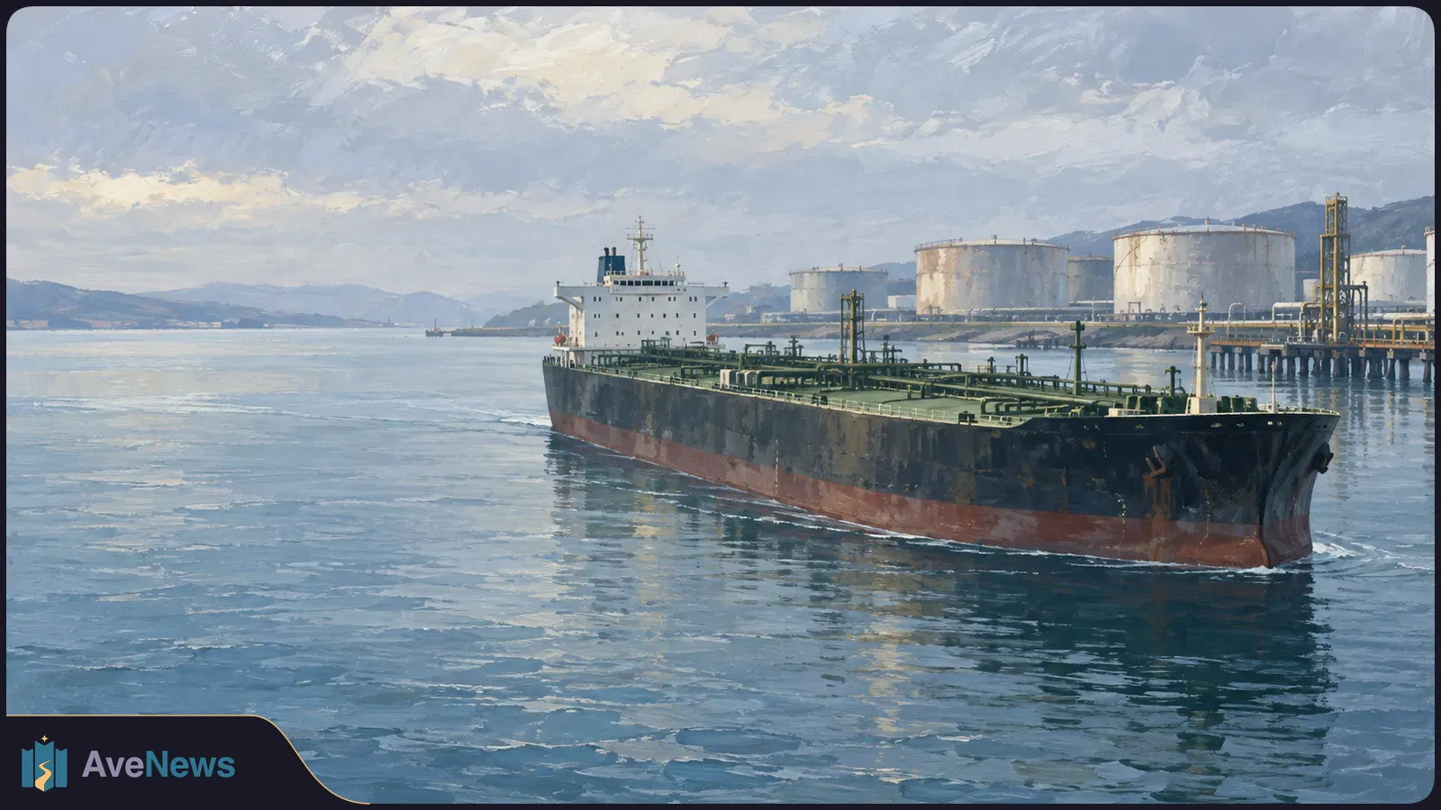Painted view of a large tanker on calm water beside a pier and cylindrical storage tanks, with hills beneath a cloudy sky. SI illustration