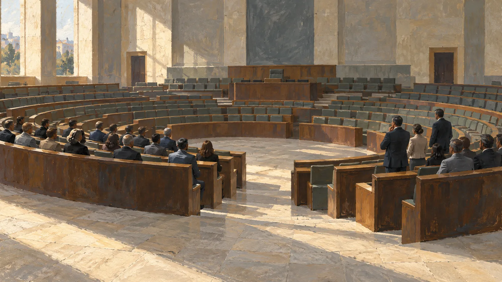 A painted view of a sunlit parliamentary chamber, with people seated or standing among curved rows of wooden benches facing an empty dais. SI illustration