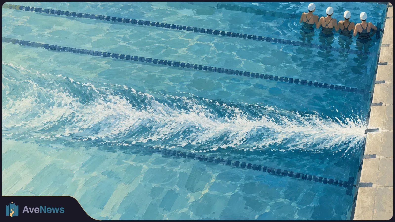 Painted view of a swimming pool with lane ropes, a broad band of churning water, and four swimmers in white caps gathered by the far wall. SI illustration