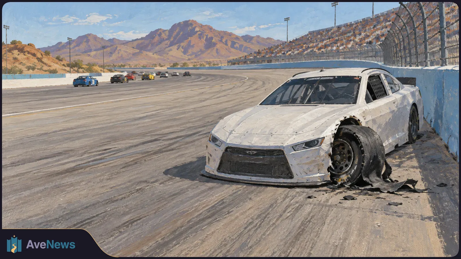 Painterly illustration of a white race car with a shredded front tire beside a track wall. Other cars round the bend, with grandstands and mountains behind them. SI illustration
