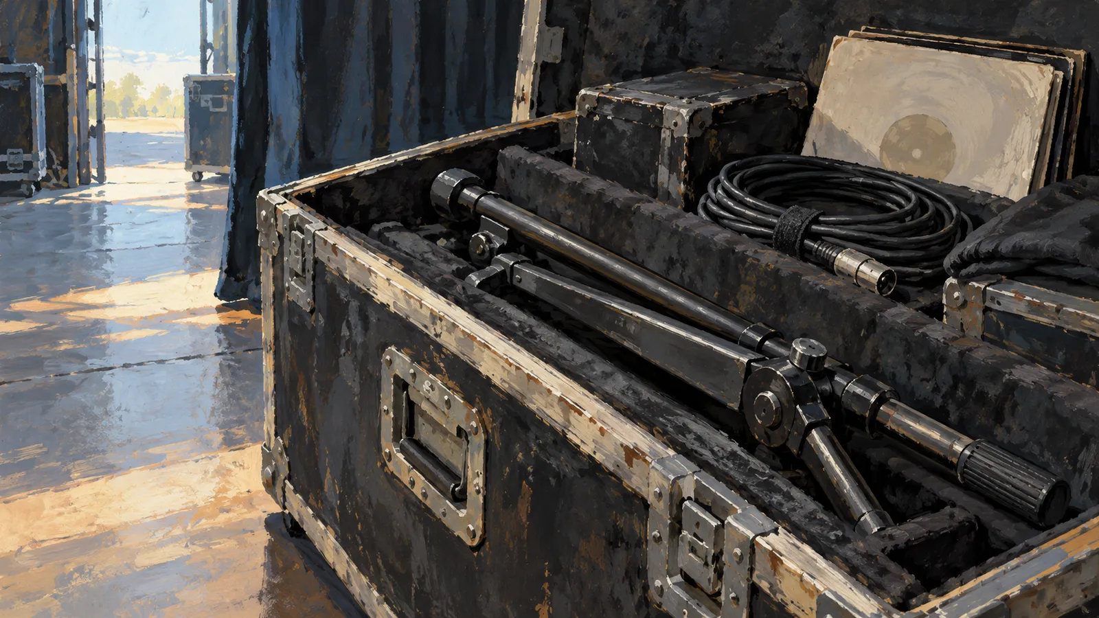 An open, foam-lined equipment case holds a folded metal stand beside a coiled cable and other cases, with sunlight falling through an open doorway. SI illustration