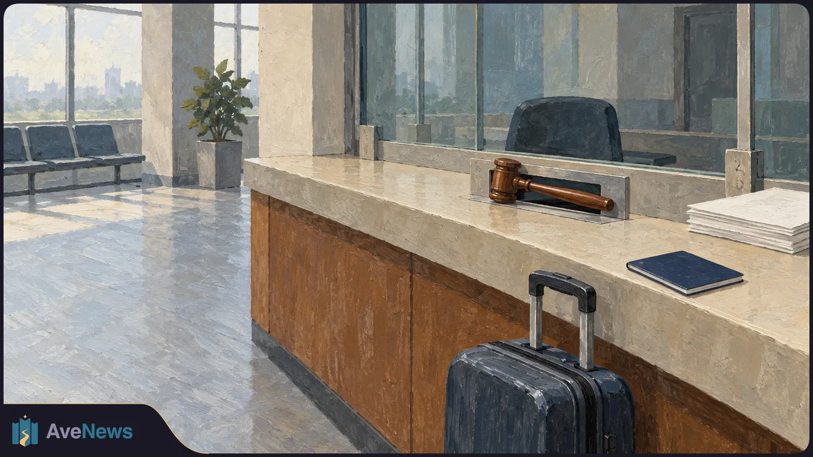 Painted scene of an empty glass-fronted service counter. A wooden gavel lies across the window slot, with papers and a notebook nearby. A dark suitcase stands in front; empty seats are at left. SI illustration