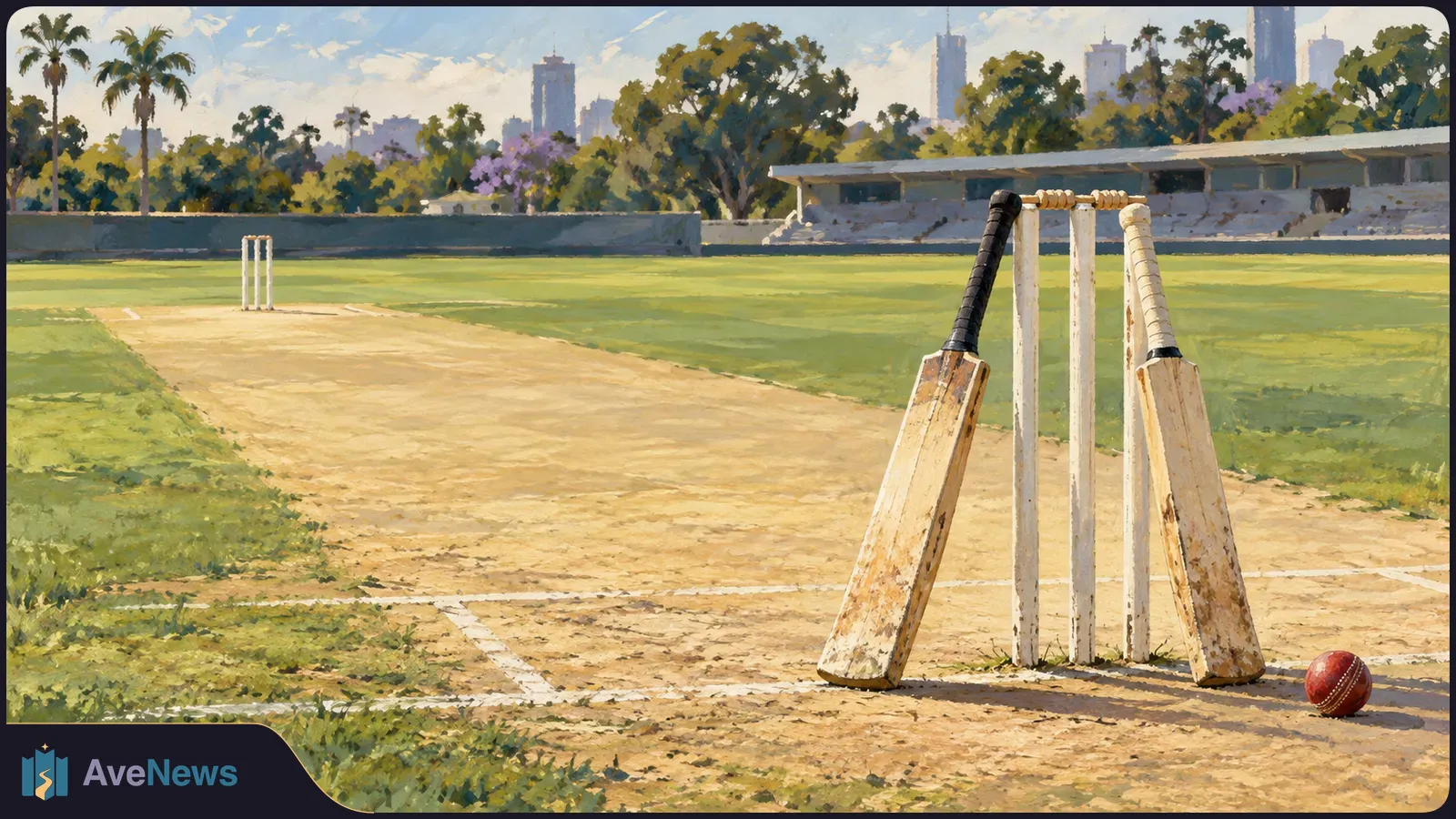 Painted cricket ground with two bats leaning against foreground stumps and a red ball nearby. More stumps, a low stand, trees and buildings appear in the distance. SI illustration