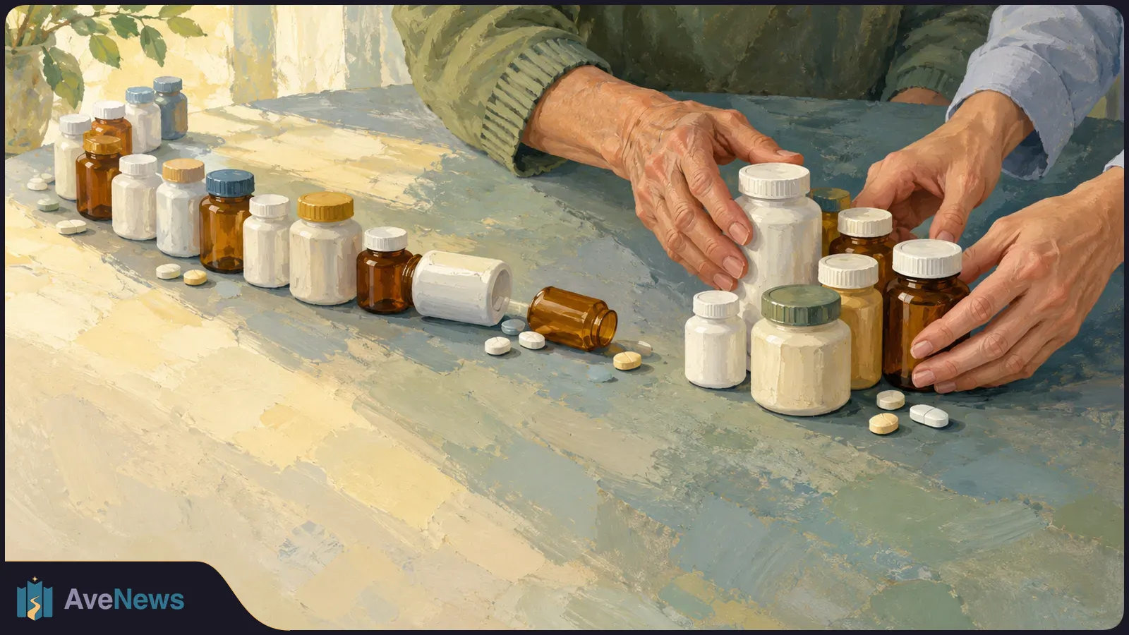 Illustration of hands arranging white and amber medicine bottles on a table, with loose pills and two bottles lying on their sides. SI illustration