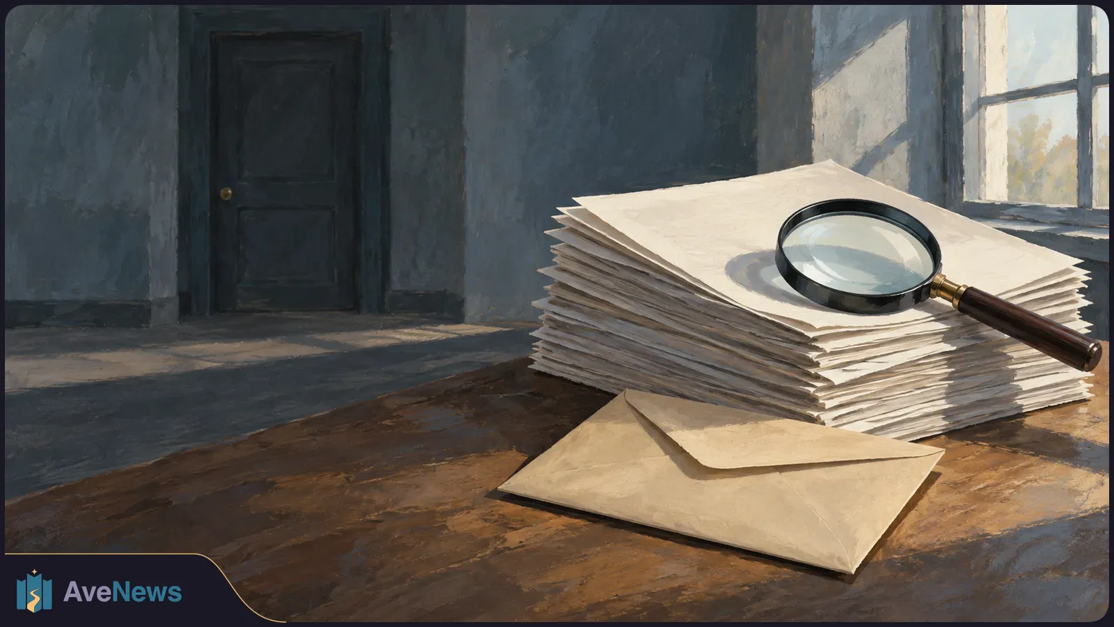 Illustration of a magnifying glass on a stack of blank papers, with an envelope on a wooden table; a closed door and sunlit window are behind them. SI illustration