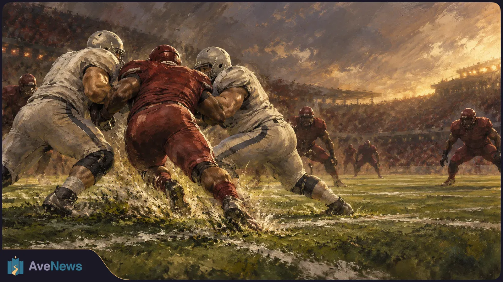 Painterly illustration of two players in white uniforms blocking a player in red on a football field, with more players and a crowded stadium behind them. SI illustration
