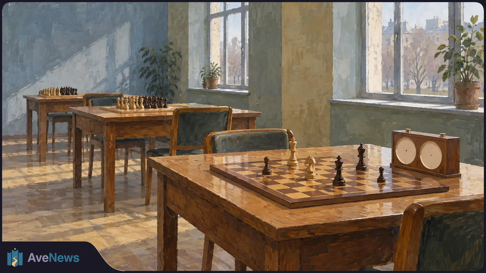 Painted sunlit room with three wooden tables set with chessboards and pieces. A two-dial chess clock sits beside the nearest board. SI illustration