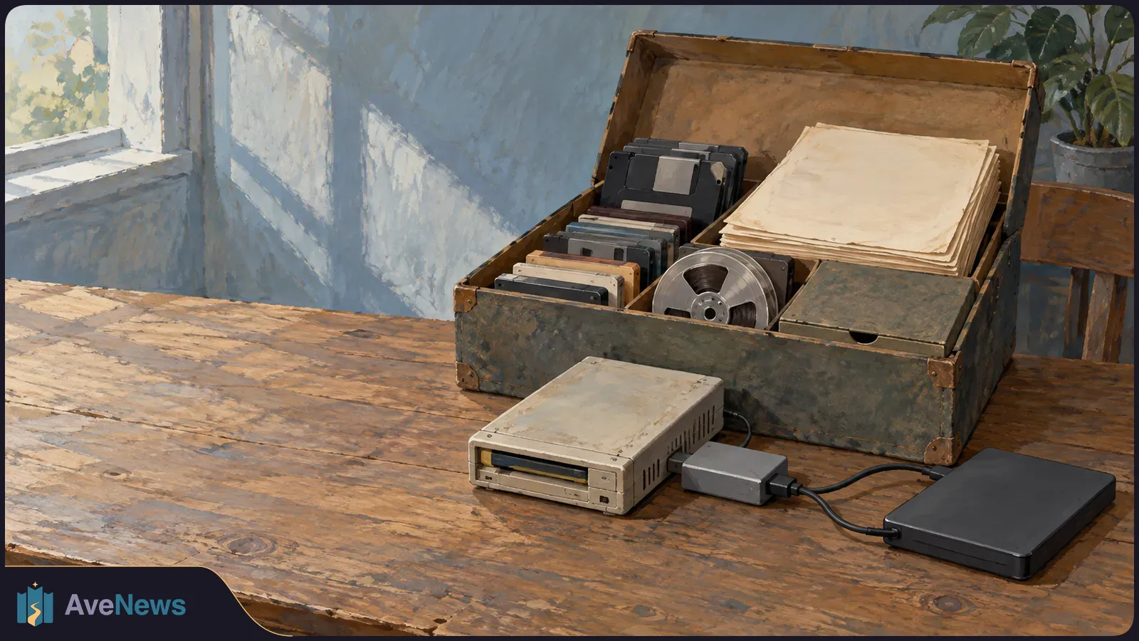 Illustration of an open worn chest holding floppy disks, a tape reel and blank papers. An old disk drive and a connected black drive sit on the wooden table in front. SI illustration