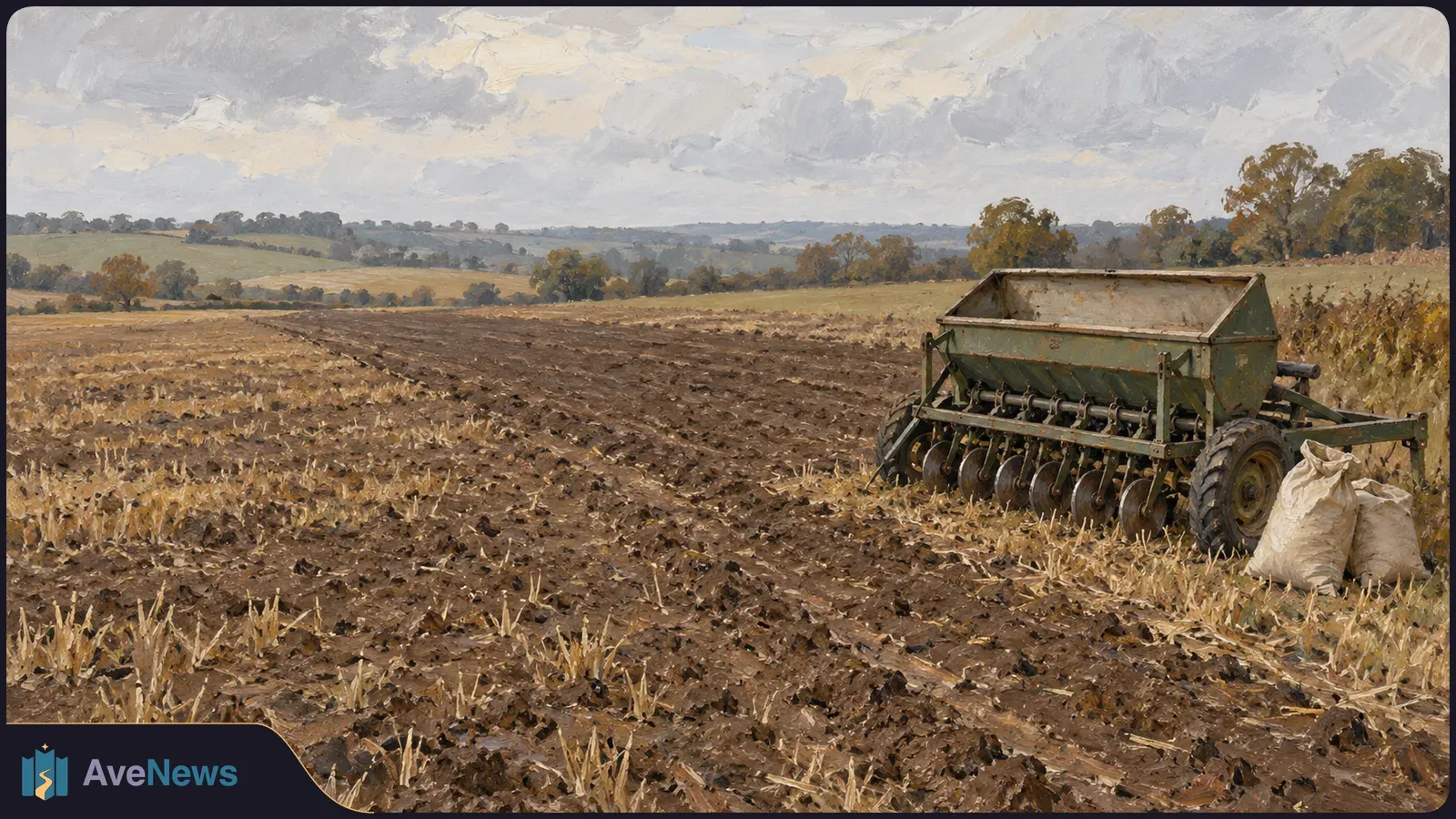 Painted ploughed field under cloudy skies, with a green seed drill and two pale sacks on the right. SI illustration