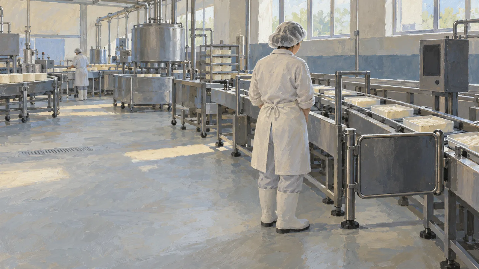 Illustration of two workers in white protective clothing among metal tanks and conveyor belts carrying trays of pale food in a bright factory. SI illustration
