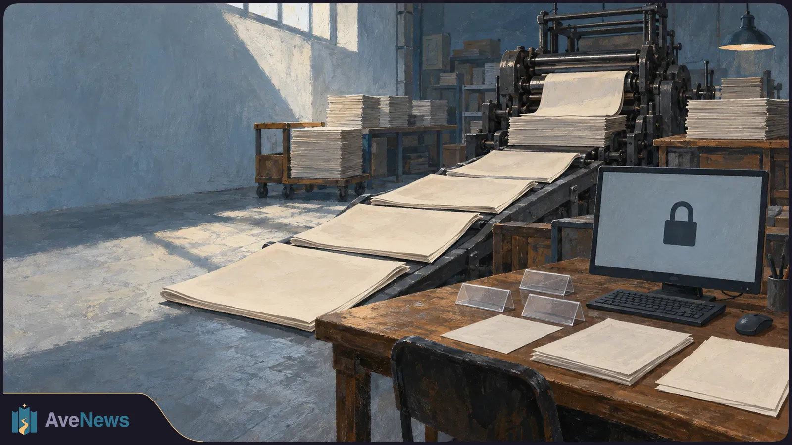 Painted printing room with blank sheets moving along a press conveyor; stacks of paper surround a desk with a computer showing a padlock symbol. SI illustration