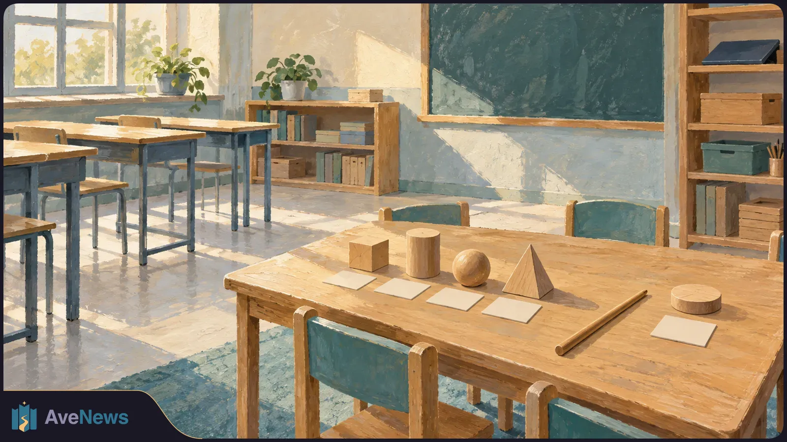 Sunlit illustrated classroom with empty desks, a chalkboard, shelves and plants. Wooden geometric shapes sit beside blank cards on a front table. SI illustration