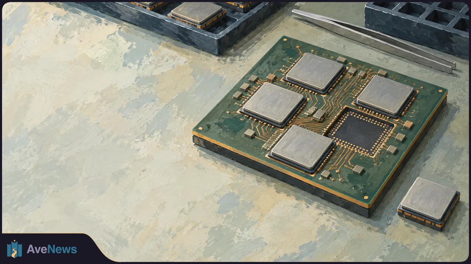 Painterly illustration of several square chips mounted on a green circuit board, with gold traces connecting them. Loose chips and trays sit nearby. SI illustration