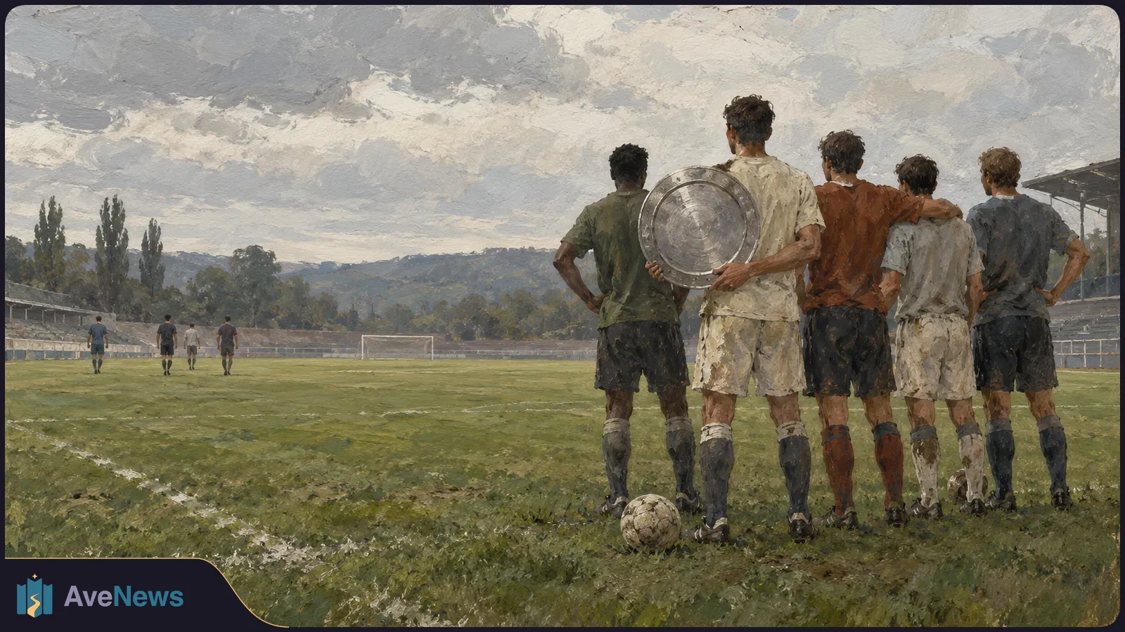 Painterly illustration of five soccer players seen from behind on a field; one holds a round silver shield, with a ball at their feet and a goal in the distance. SI illustration
