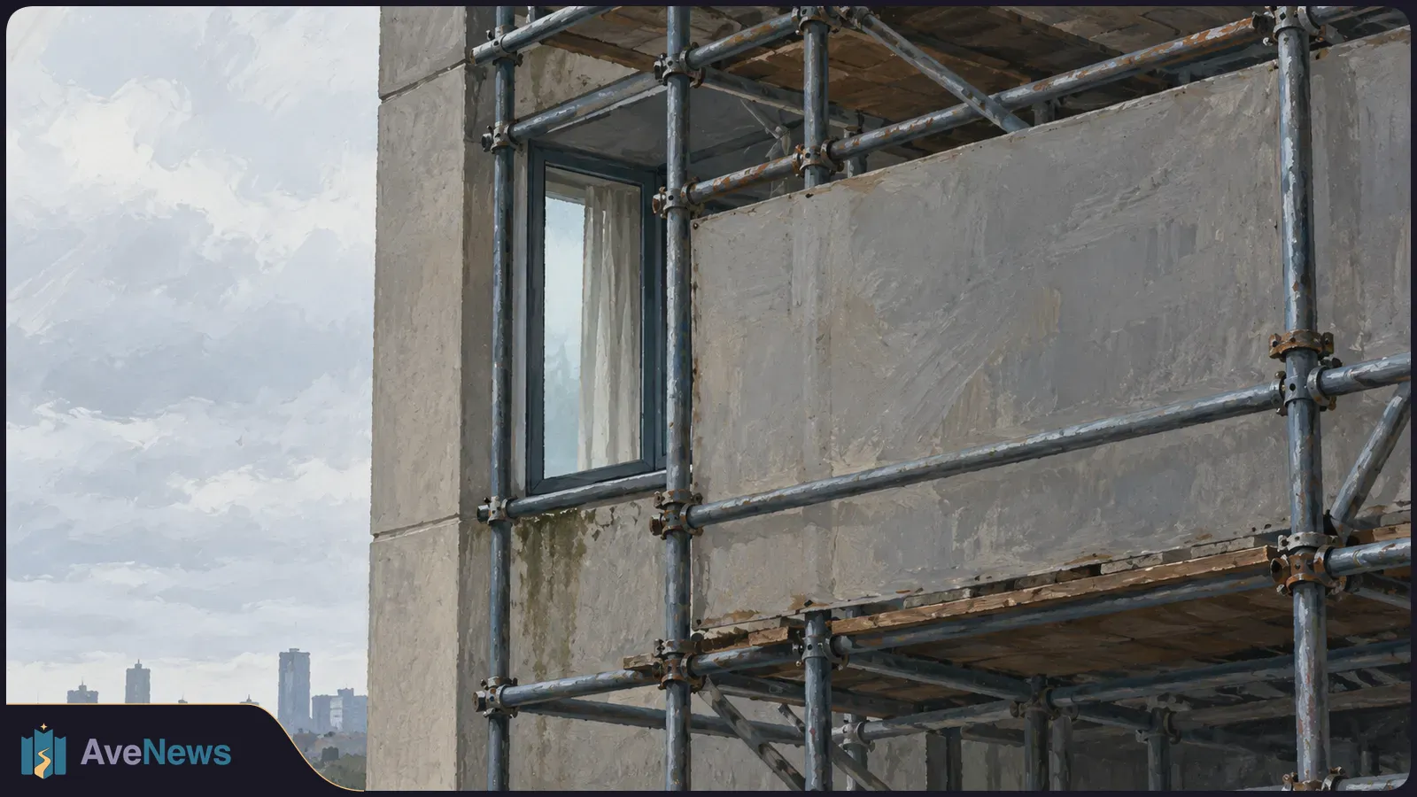 Illustration of metal scaffolding around a concrete building facade, with a narrow window and a distant city skyline beneath cloudy skies. SI illustration