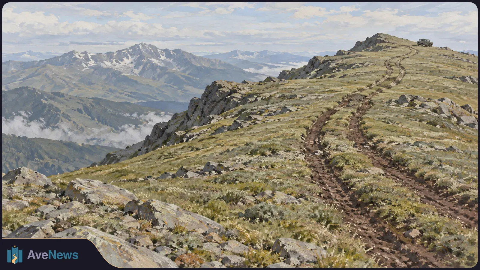 Deep tire tracks cross a rocky mountain ridge toward a small off-road vehicle near the summit, with snow-streaked peaks in the distance. SI illustration