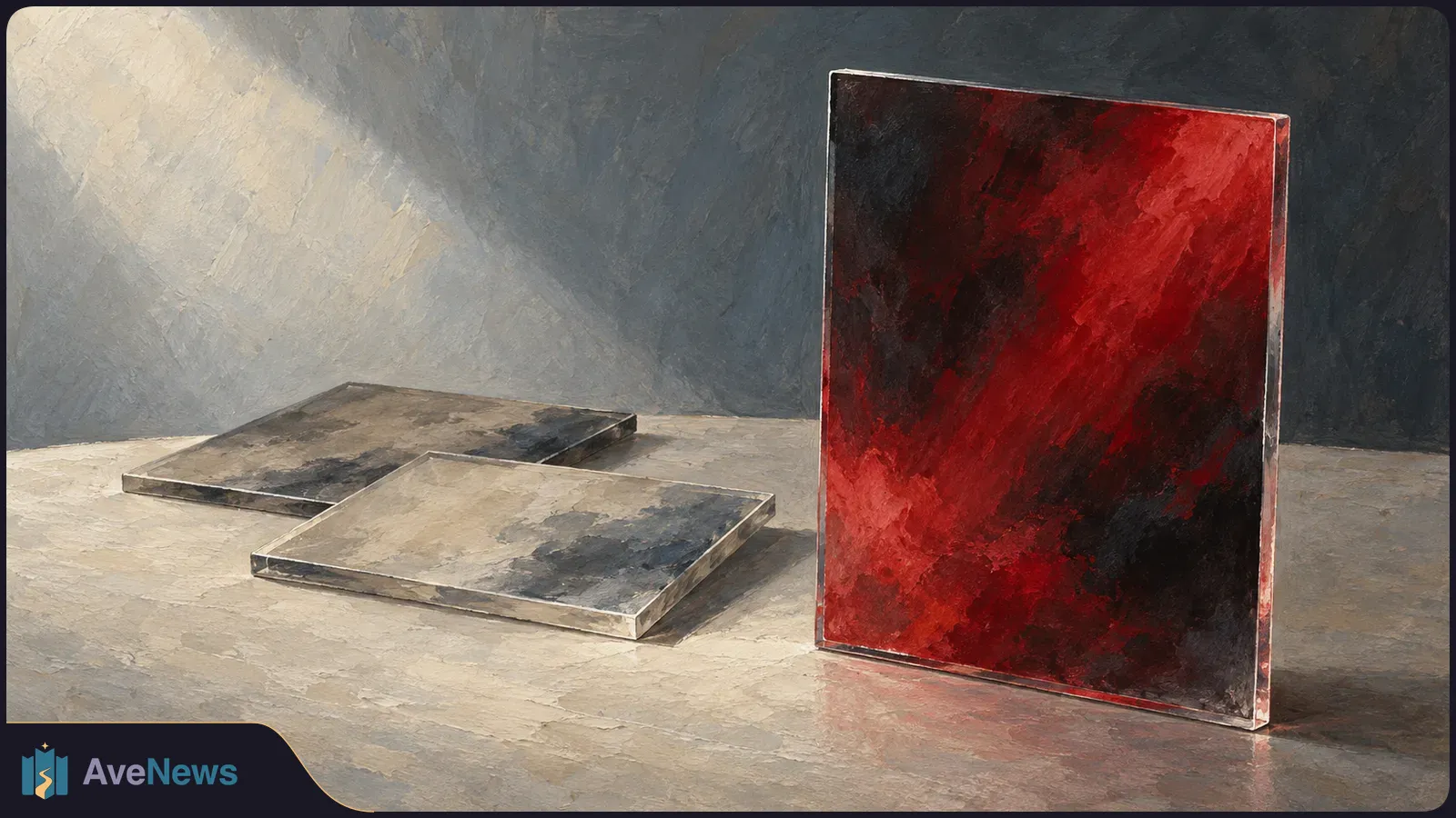 Painterly image of a red-and-black rectangular panel standing upright beside two gray panels lying flat on a light surface. SI illustration