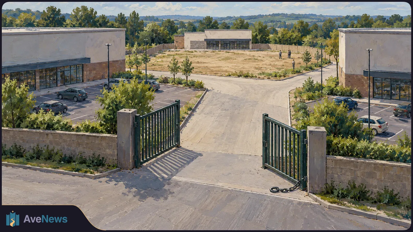 Illustration of an open metal gate leading to a road between two unmarked commercial buildings and parking lots, with a vacant lot and a third building beyond. SI illustration
