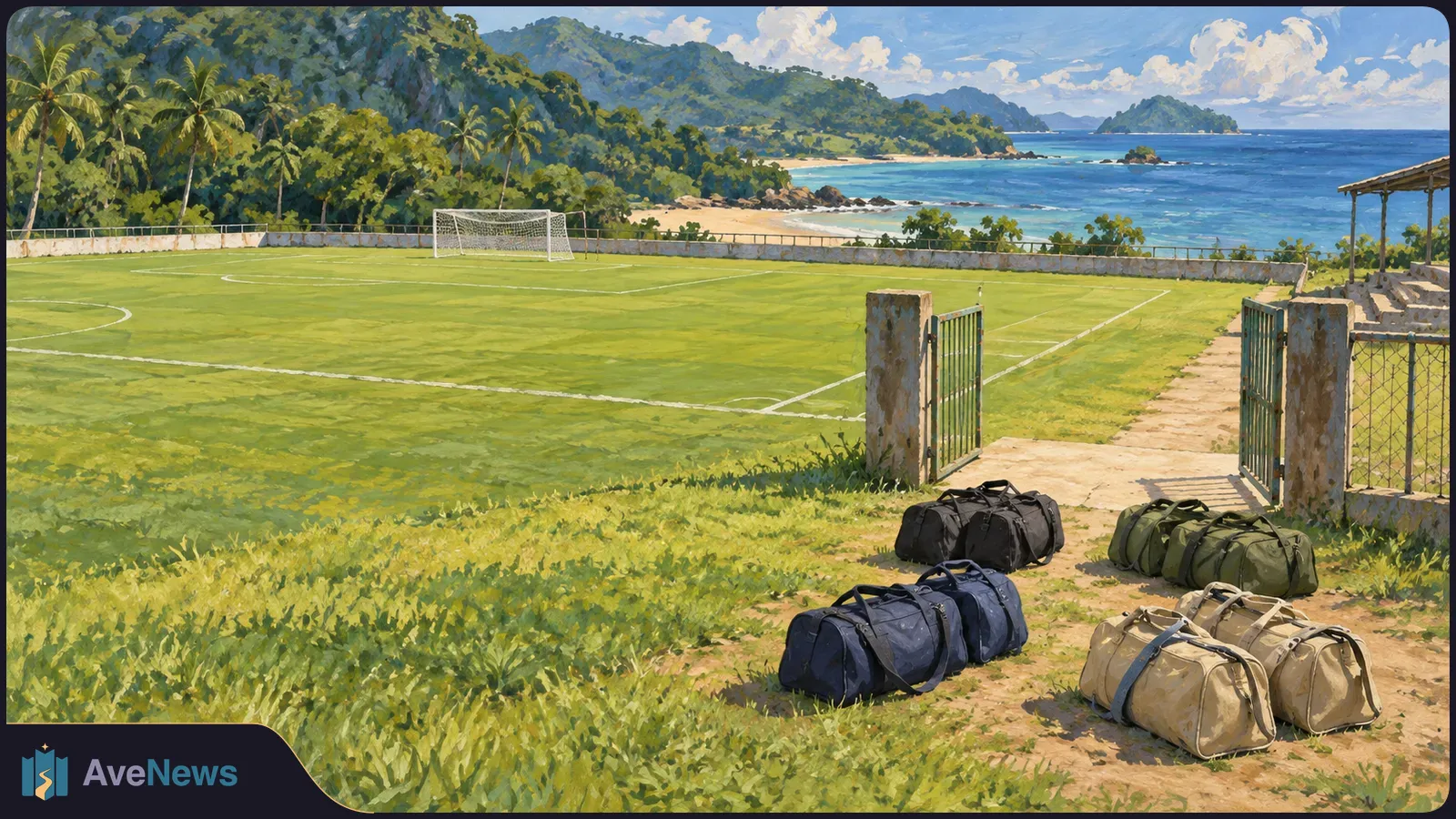 A painted football field beside a tropical coast, with an open entrance and several duffel bags in the foreground. Palm-covered hills and islands lie beyond. SI illustration