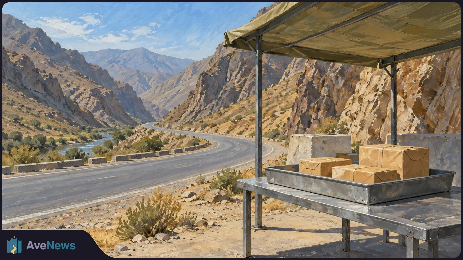 Painted mountain road winding beside a river. Under a roadside canopy, several plain brown parcels sit in a metal tray on a table. SI illustration