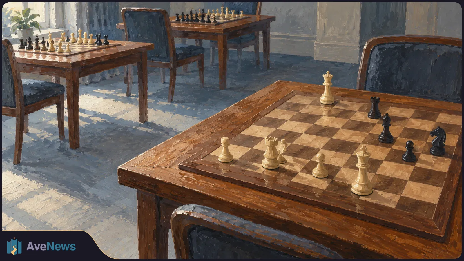 Painted scene of three wooden chess tables in a sunlit room, with a partly played game on the foreground board and empty chairs nearby. SI illustration