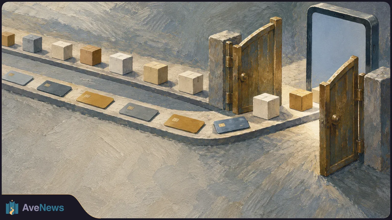 Painterly illustration of small parcels and chip cards along a curved path leading through two open wooden gates toward a blank phone screen. SI illustration