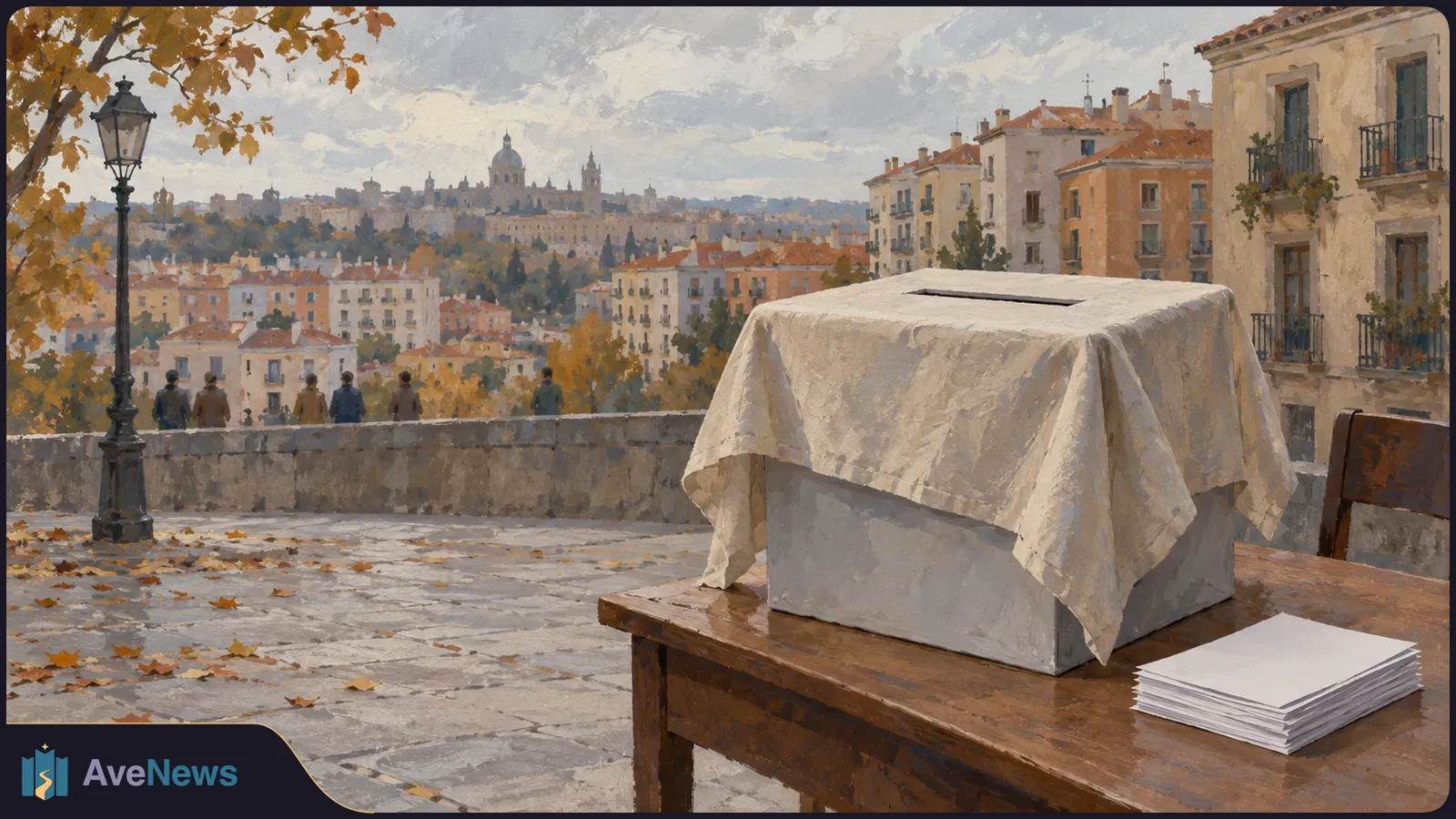 Painterly city square in autumn, with a cloth-covered ballot box and a stack of papers on a wooden table; a few people stand by a stone wall overlooking rooftops. SI illustration
