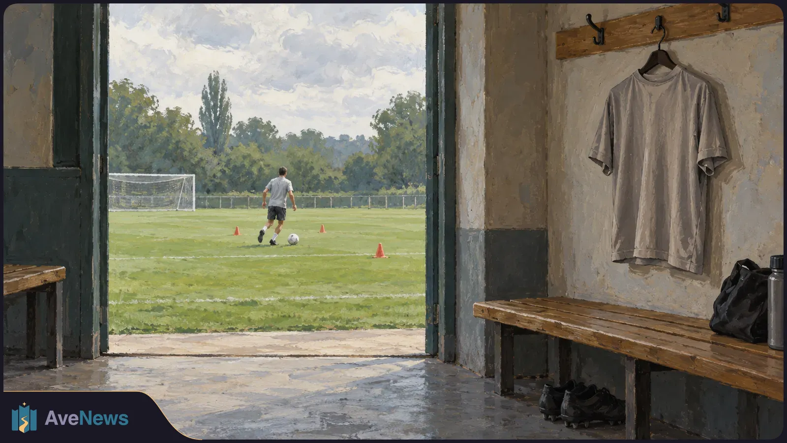 Painted view from a changing room onto a football pitch, where a distant player runs toward a ball. A plain shirt hangs above a bench in the foreground. SI illustration