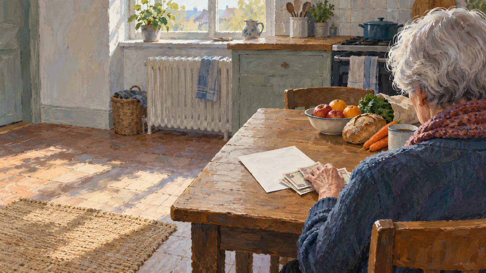 A painted scene of a white-haired person handling banknotes at a kitchen table with bread, vegetables and fruit in a sunlit room. SI illustration
