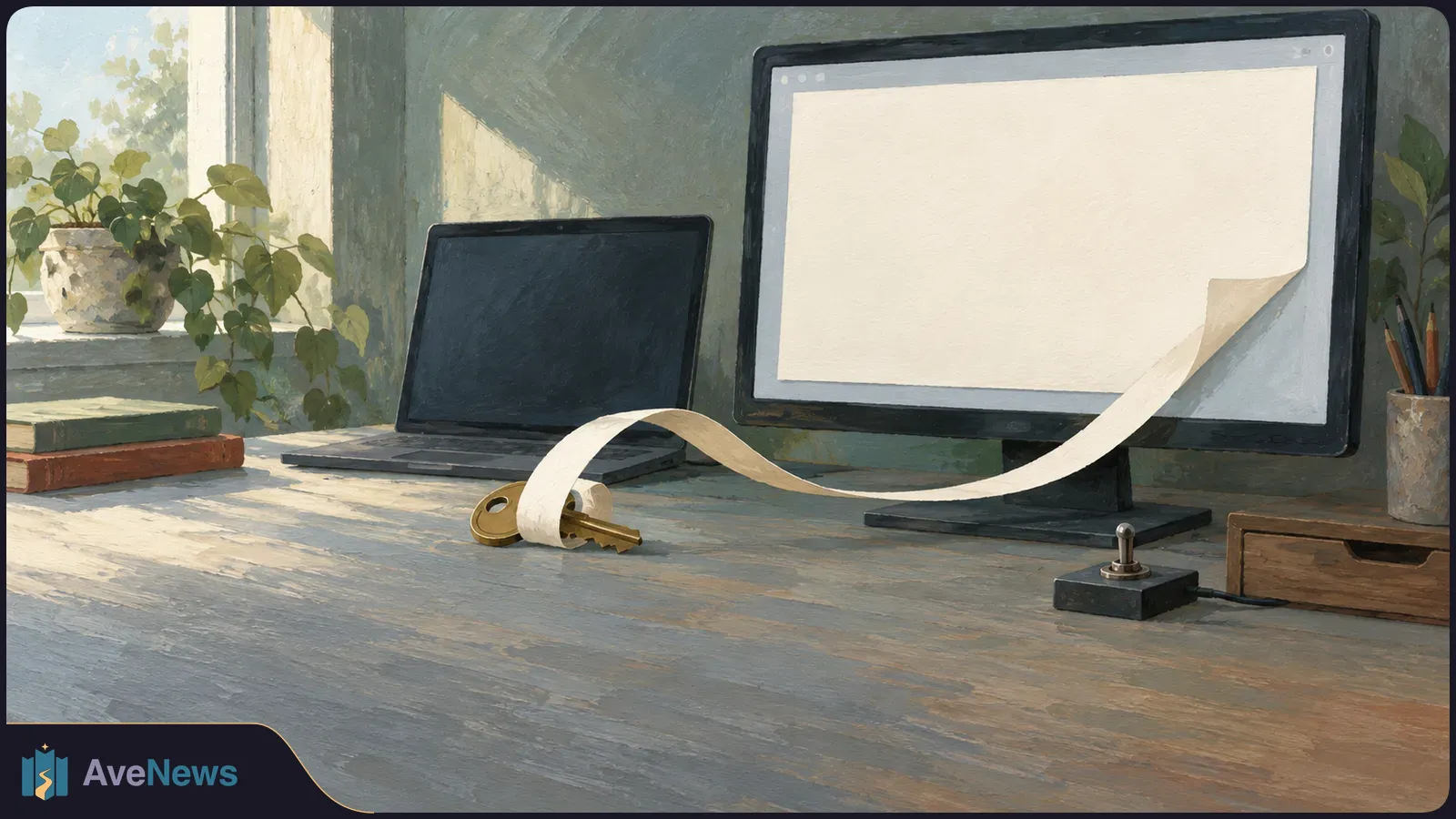 A painted desk scene with a dark laptop and a large monitor showing a blank page. A long paper strip curls from the monitor toward a brass key; a small switch sits nearby. SI illustration