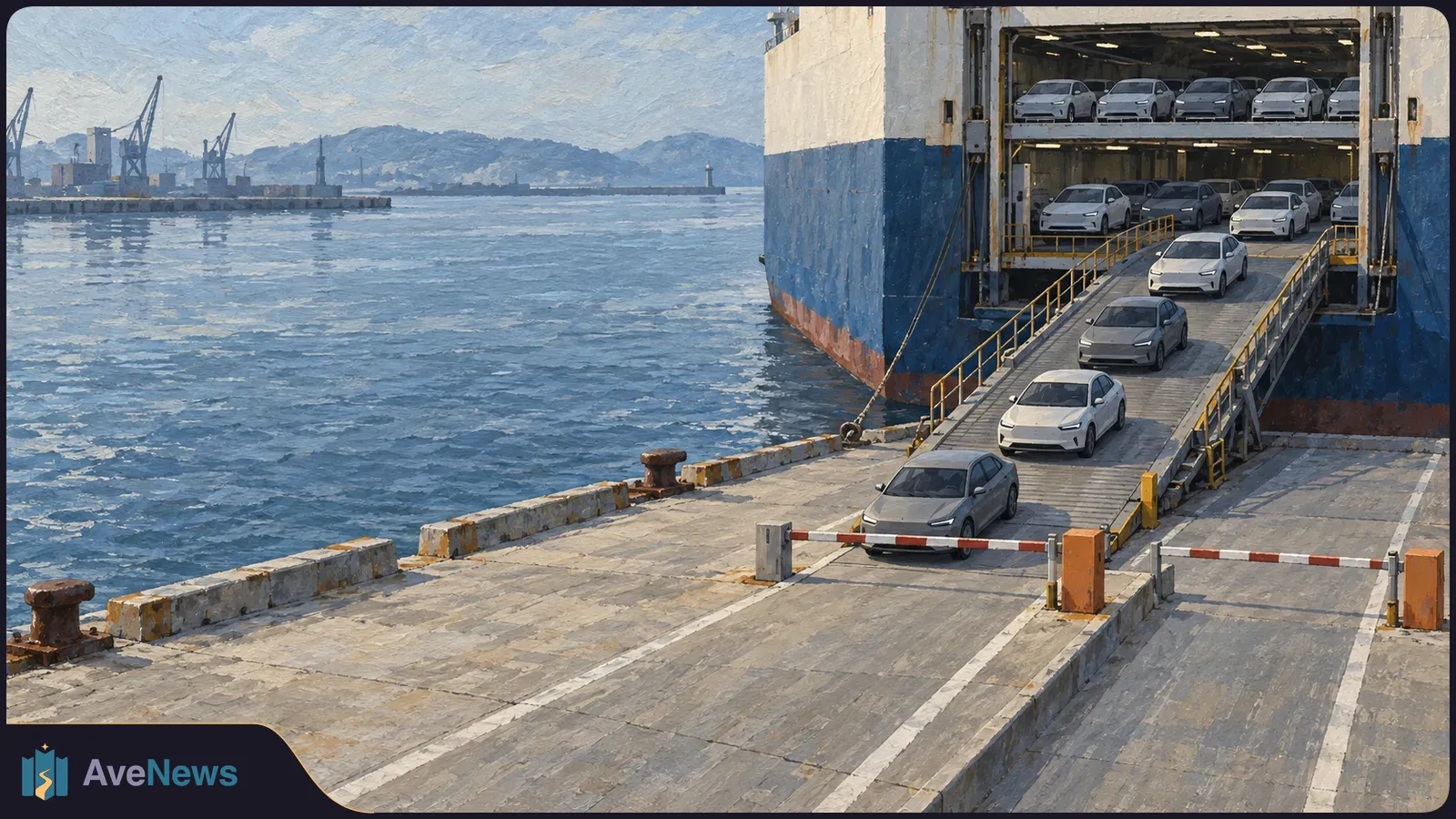 Painted port scene with rows of cars aboard a cargo ship, several cars on its unloading ramp, and a lowered barrier on the dock. SI illustration