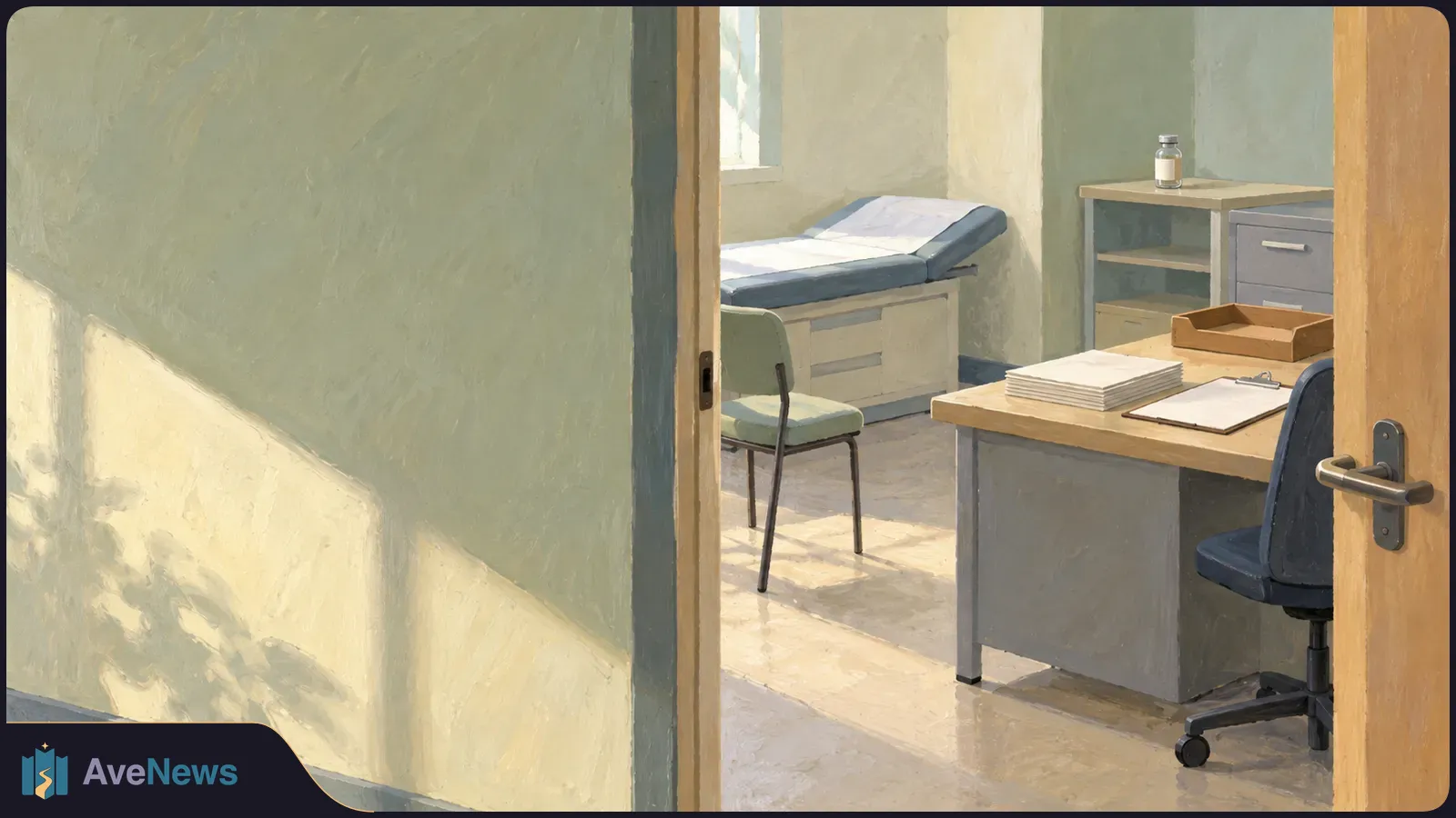 An empty, sunlit examination room seen through an open door, with an exam table, chairs, a stack of papers on the desk, and a small vial on a shelf. SI illustration