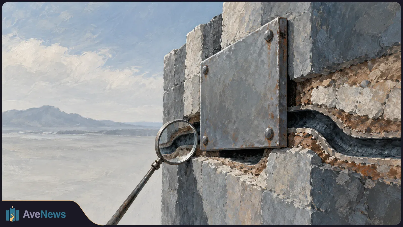 A painted scene shows a magnifying glass examining a dark gap in a concrete wall beside a bolted metal plate, with mountains and clouds in the distance. SI illustration