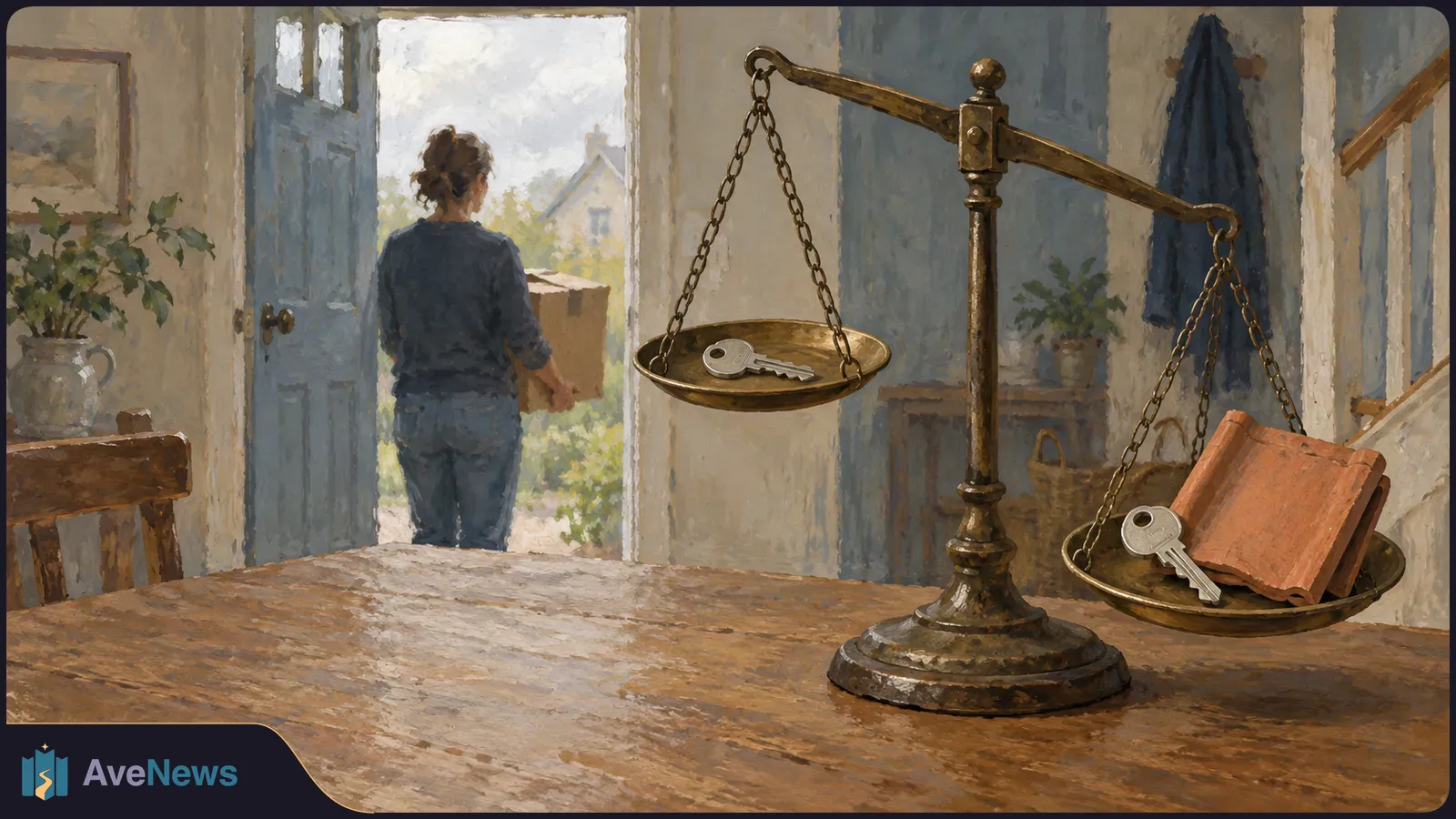 Painted interior with a person carrying a box through an open door. On a table, a balance scale holds a key on one side and a key with roof tiles on the other. SI illustration