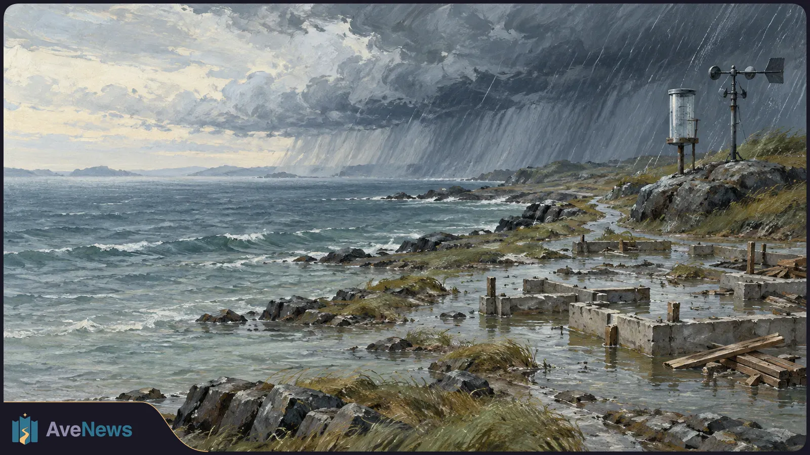 Painted coastal scene with heavy rain over the sea, waves along a rocky shore, flooded low concrete walls, and two weather instruments on a hillside. SI illustration