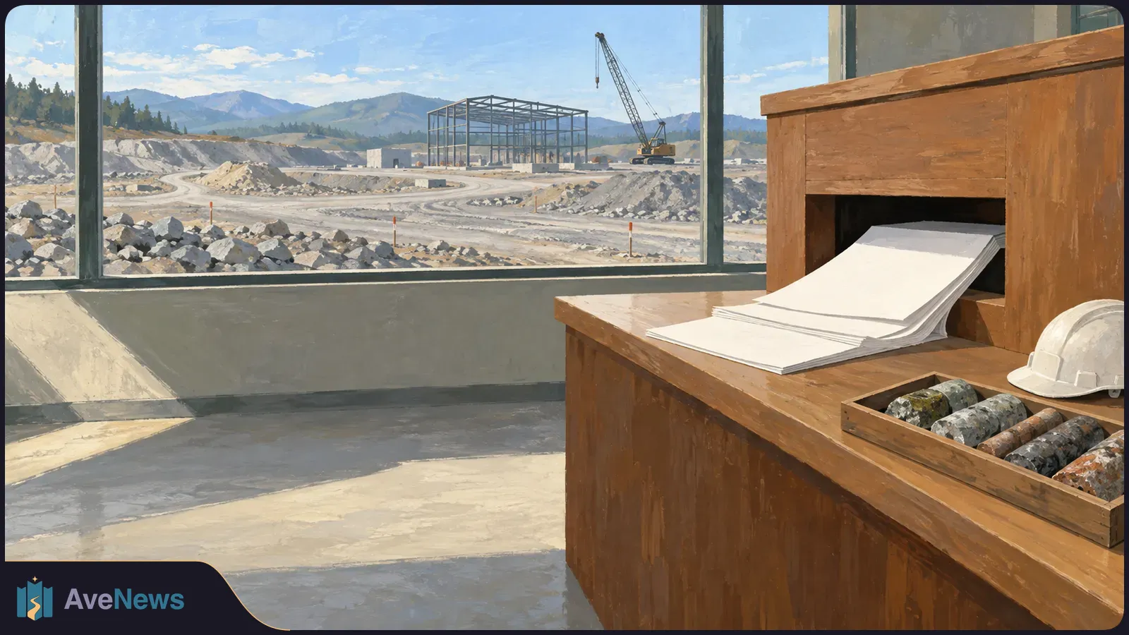 A painted worksite view: blank sheets emerge from a wooden slot beside rock-core samples and a hard hat. Outside, a crane and steel frame stand in a rocky excavation. SI illustration