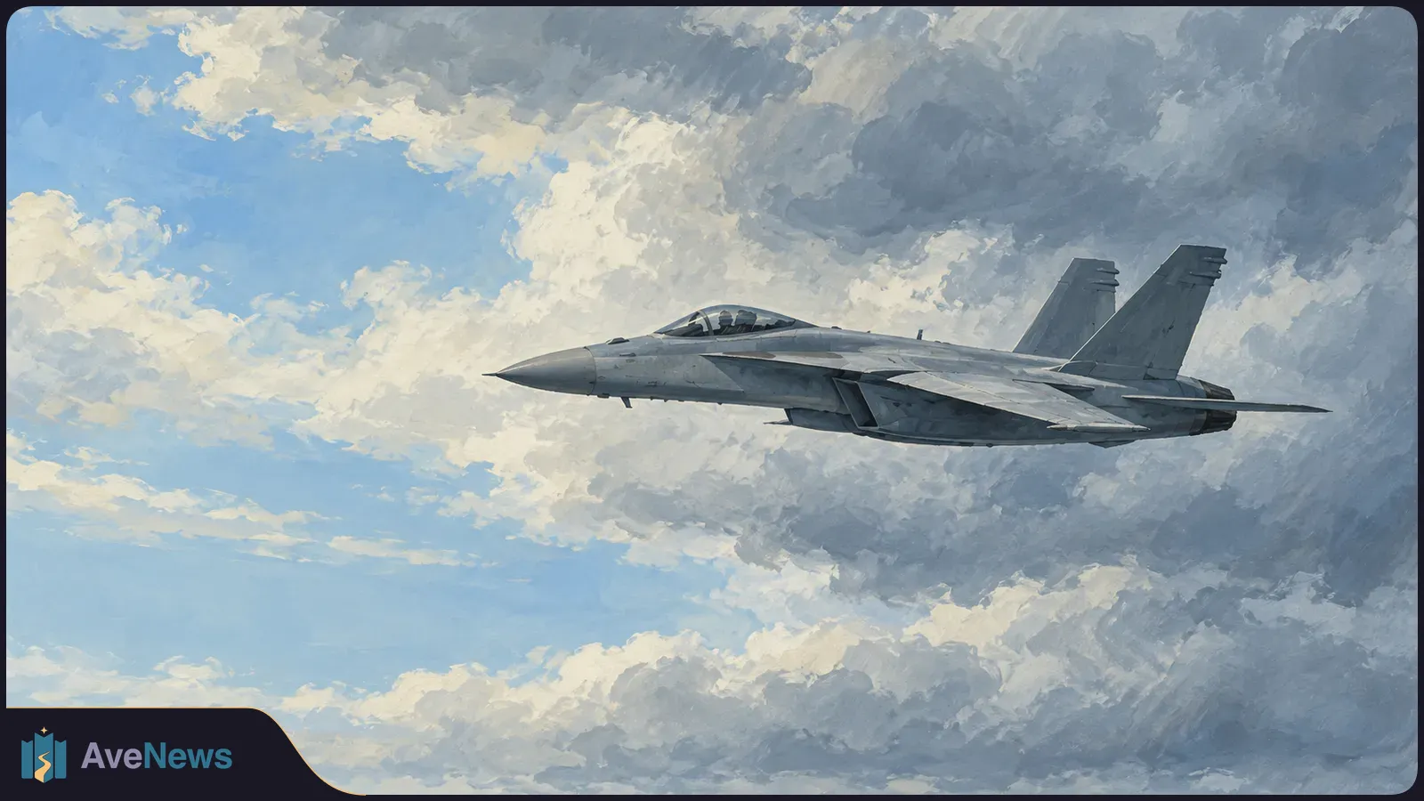 Illustration of a gray fighter jet flying beneath dark clouds, with patches of blue sky behind it. SI illustration