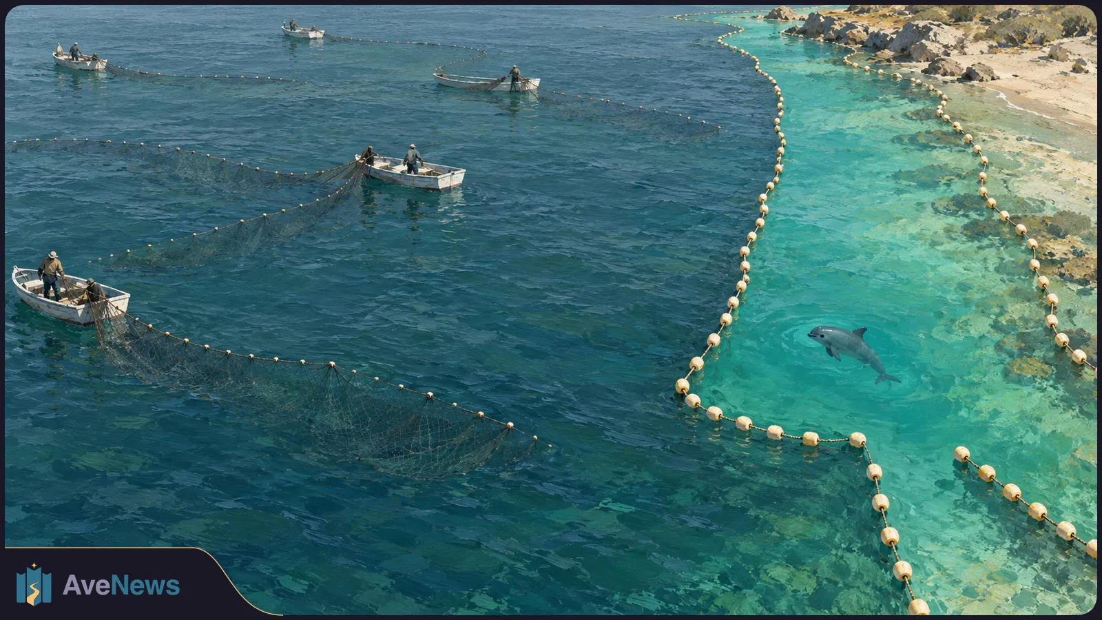 Illustrated aerial view of small fishing boats and long nets beside a buoy-lined turquoise coastal area where a porpoise swims. SI illustration