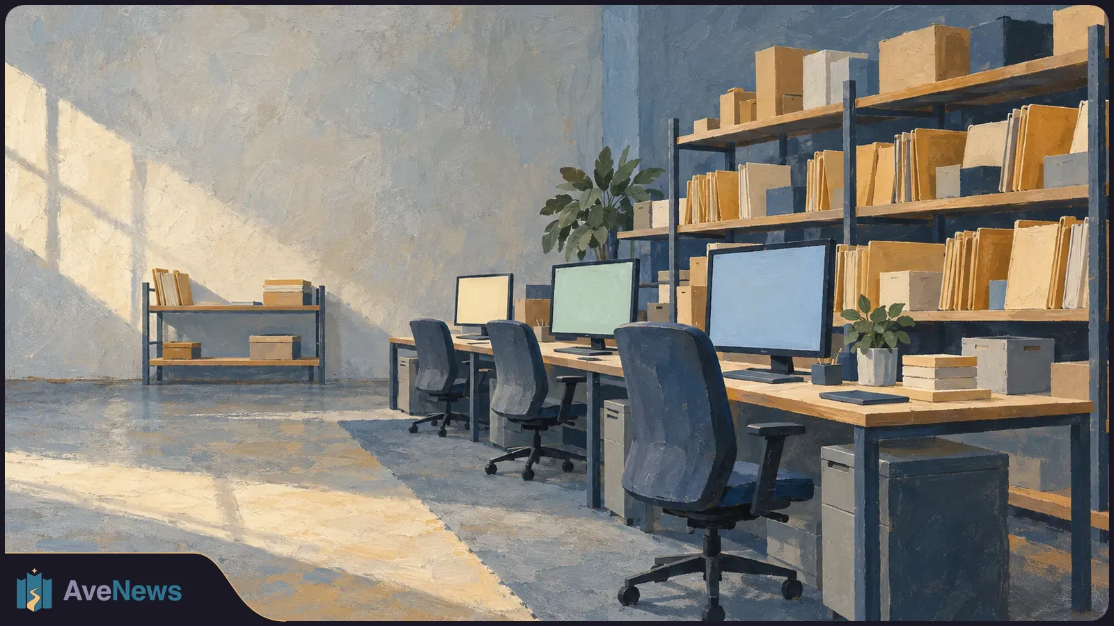 Painted illustration of an empty office with three computer workstations, shelves of folders and boxes, and sunlight across the floor. SI illustration